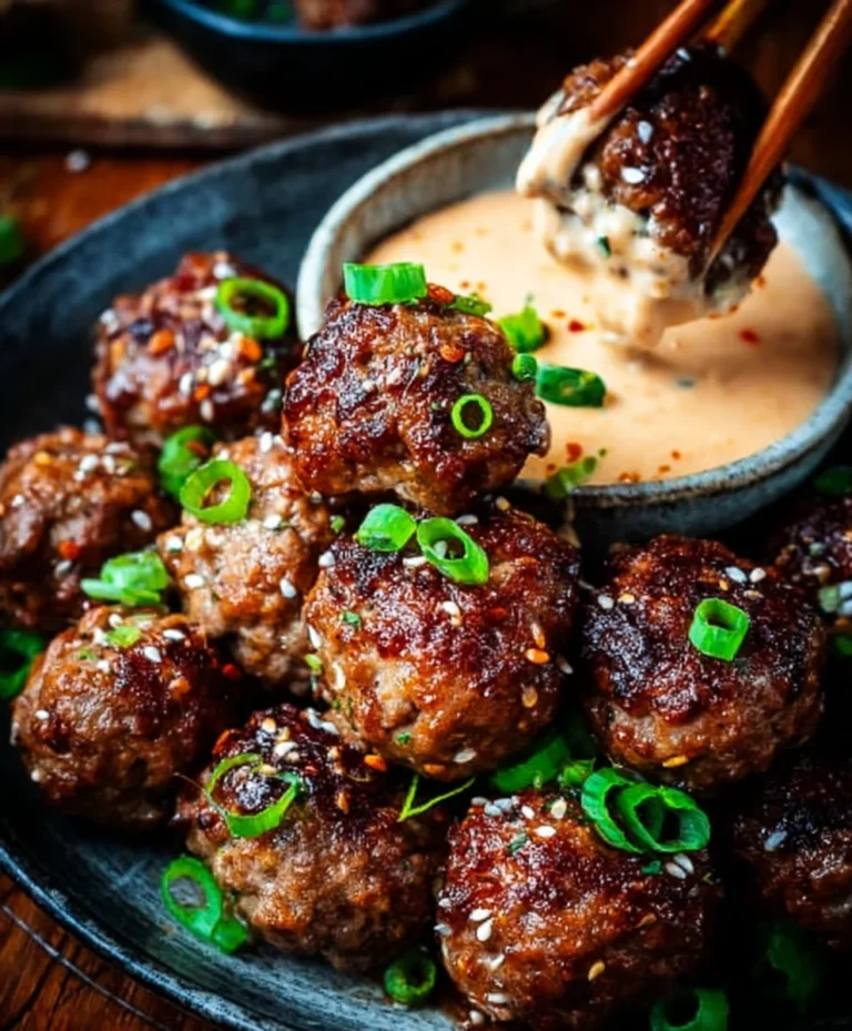 Korean BBQ Beef Meatballs Spicy Mayo Dip