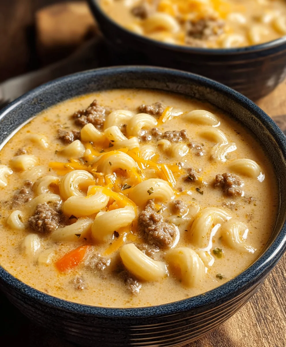 Cheeseburger Macaroni Soup- Creamy Beef Comfort