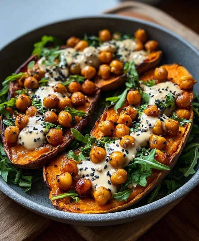 Sweet Potatoes with Tahini Butter Chickpeas